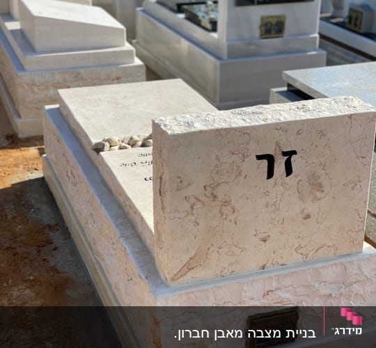 מצבות אבן עם כיתוב בעברית ואבנים קטנות
